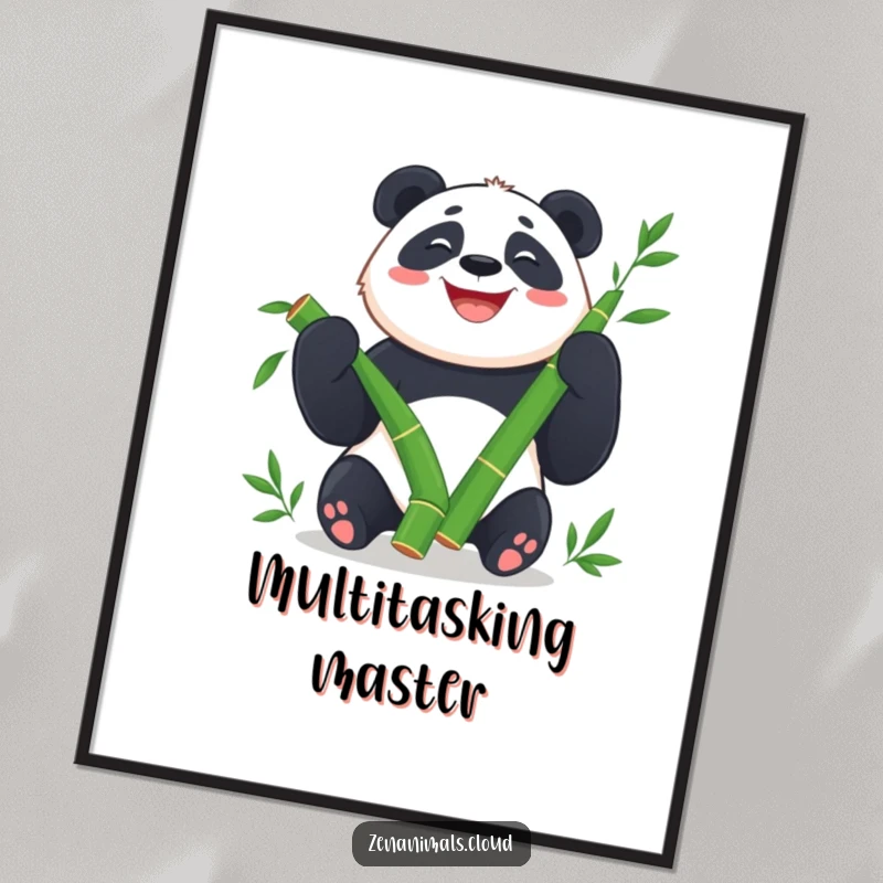 Funny Panda Poster: Happy panda juggling bamboo shoots with a wide grin, a joyful art print.