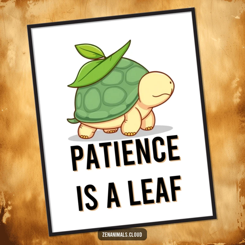 Funny turtle poster art showing a calm reptile with a leaf on its head, slowly walking, bringing humor and serenity to any wall.