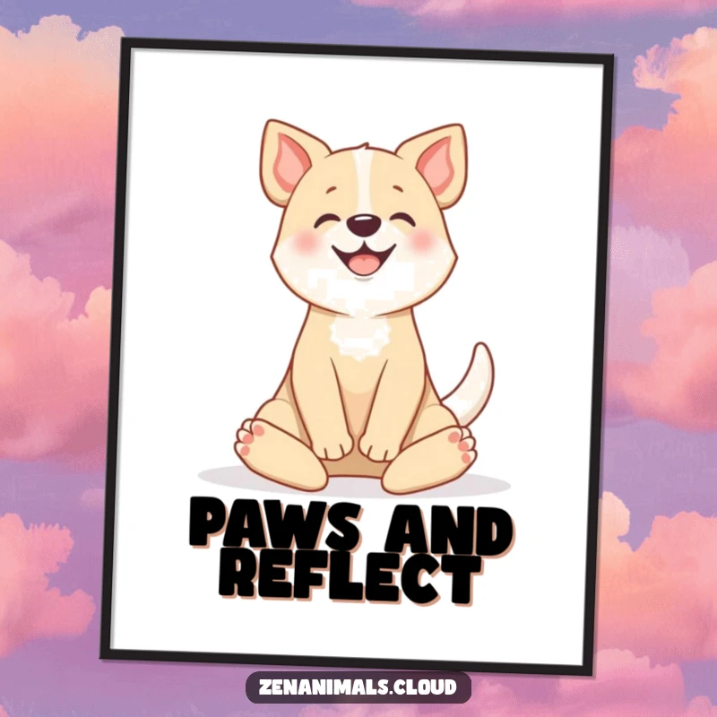 Funny poster showcasing a happy dog in a lotus position, tail wagging, creating a peaceful and humorous piece of art.