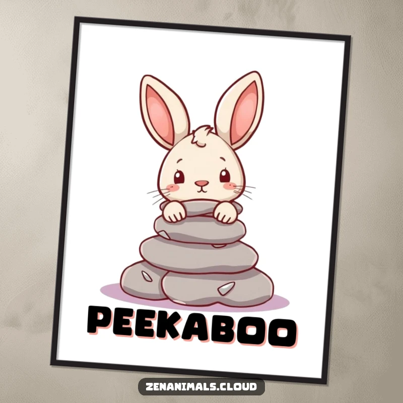 Funny Rabbit Poster: A curious rabbit peeks from behind smooth river stones, creating a whimsical and humorous wall art piece.