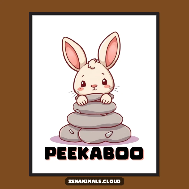 Funny Rabbit Poster: Curious Peeking Bunny on River Stones, Whimsical Funny Gift Art
