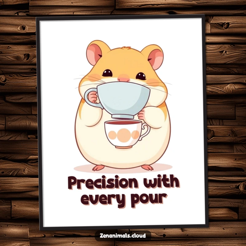 Funny Hamster Poster: A round, content hamster balancing a tiny teacup on its nose, adding whimsical and humorous art.