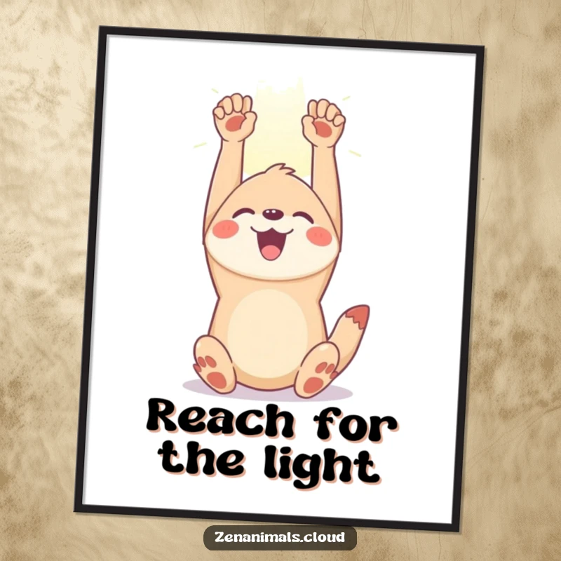 Funny joyful animal poster of a happy creature stretching its limbs towards a gentle sunbeam, radiating warmth and happiness on any wall.