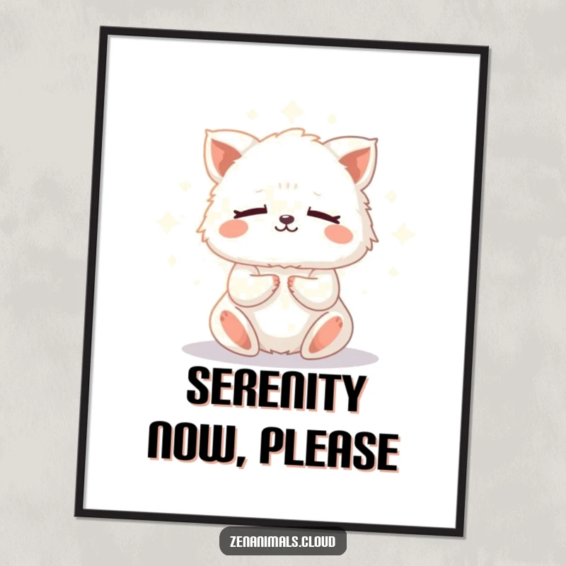 Funny meditation animal poster depicting a tiny, fluffy creature meditating serenely, surrounded by a soft, glowing light for a peaceful ambiance.