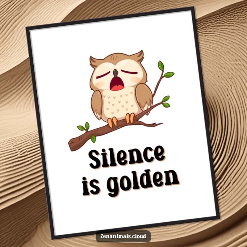 Funny poster showcasing a cartoon owl on a branch, letting out a huge, comical yawn, with its eyes barely open.