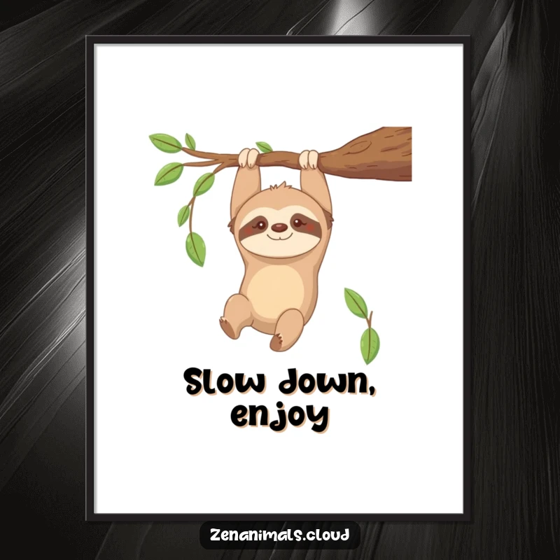 Funny Sloth Poster: Contented sloth hanging upside down from a branch, smiling gently, a relaxed art print.