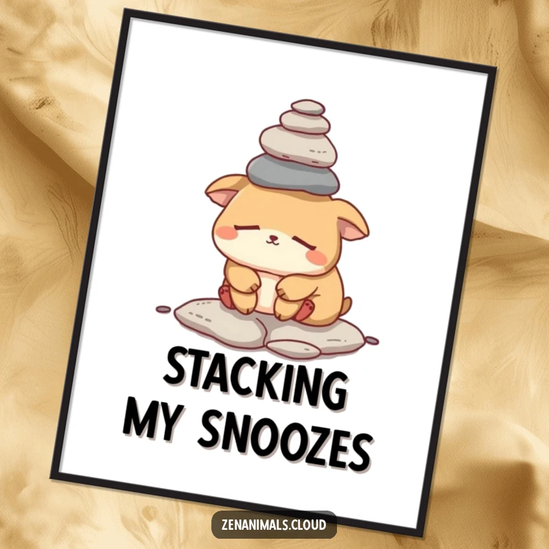 Funny sleepy animal poster of a tired creature trying to balance a stack of small rocks on its head, offering a humorous touch to any room.