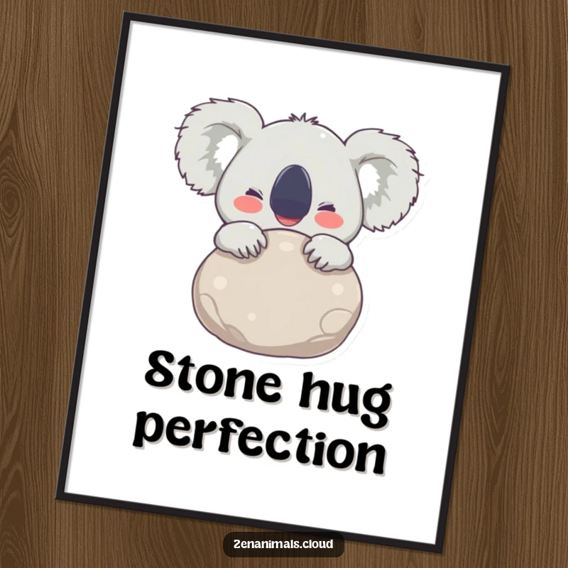 Funny Poster art of a joyful koala hugging a smooth stone, eyes wide with delight, bringing happiness and charm to walls.
