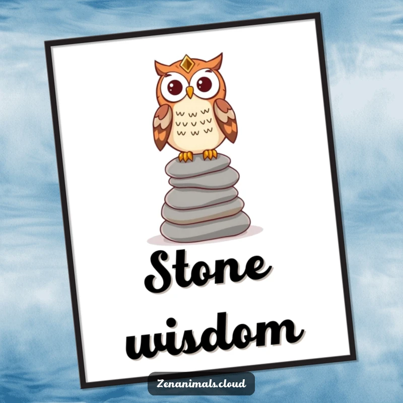 Funny wise owl poster depicting an owl perched on stones, a humorous piece of wall art for a contemplative and wise atmosphere.