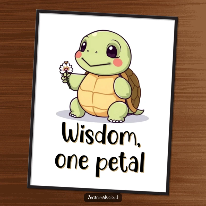 Funny poster featuring a wise turtle holding out a tiny flower, perfect for adding a calm and humorous artistic touch to any wall.