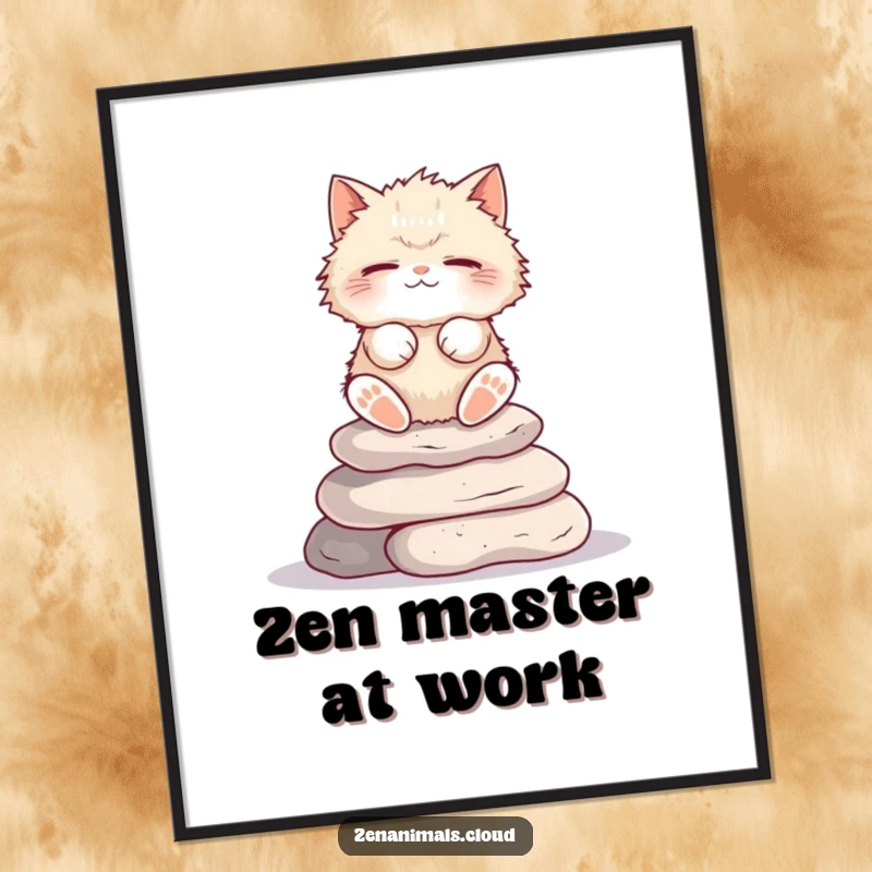 Funny Cat Poster: Fluffy cat meditating on stones, eyes closed, a humorous art print.