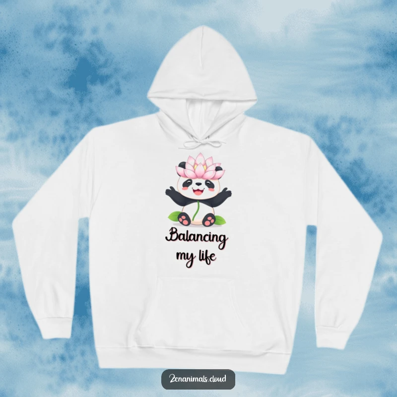 Funny panda lotus hoodie, comfortable hoodie with a panda balancing a flower, soft, warm, and humorous.
