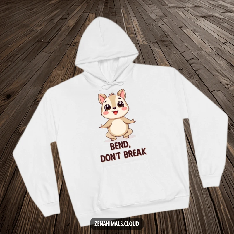 Funny yoga animal hoodie showing a cheerful, round creature in an energetic yoga pose, designed for comfort and motivation.