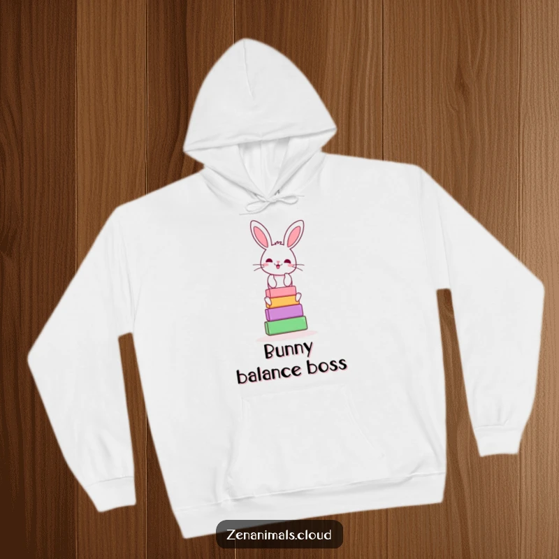 Funny bunny yoga hoodie with a cheerful rabbit balancing yoga blocks, warm and humorous for relaxation.