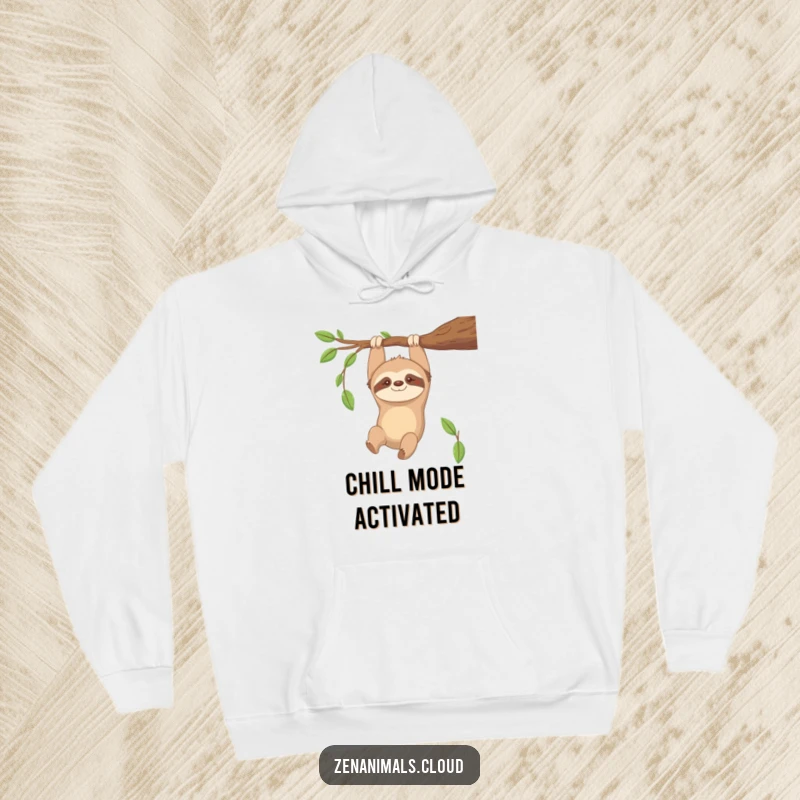 Funny Sloth Hoodie: Contented sloth hanging upside down from a branch, smiling gently, a cozy and humorous garment.