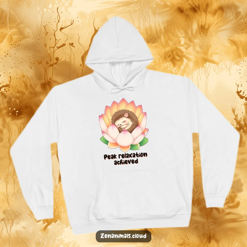 Funny Hedgehog Hoodie: A sleepy hedgehog is nestled peacefully inside a serene lotus flower, offering cozy comfort and calm vibes.