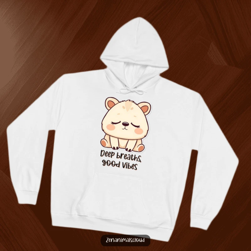 Funny animal breathing deeply with eyes closed, a soft and humorous hooded sweatshirt.