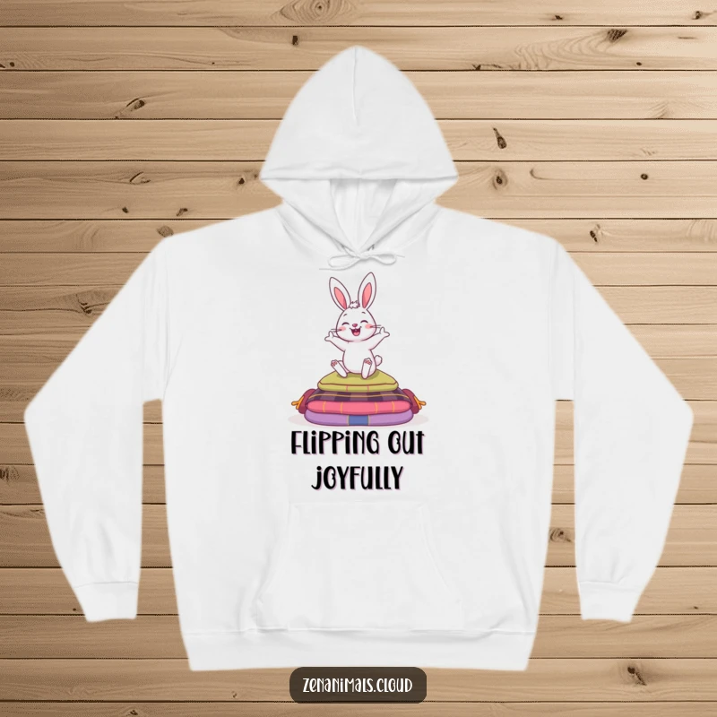 Funny hoodie depicting a happy bunny humorously hopping over meditation cushions, offering comfort and a touch of playful zen.