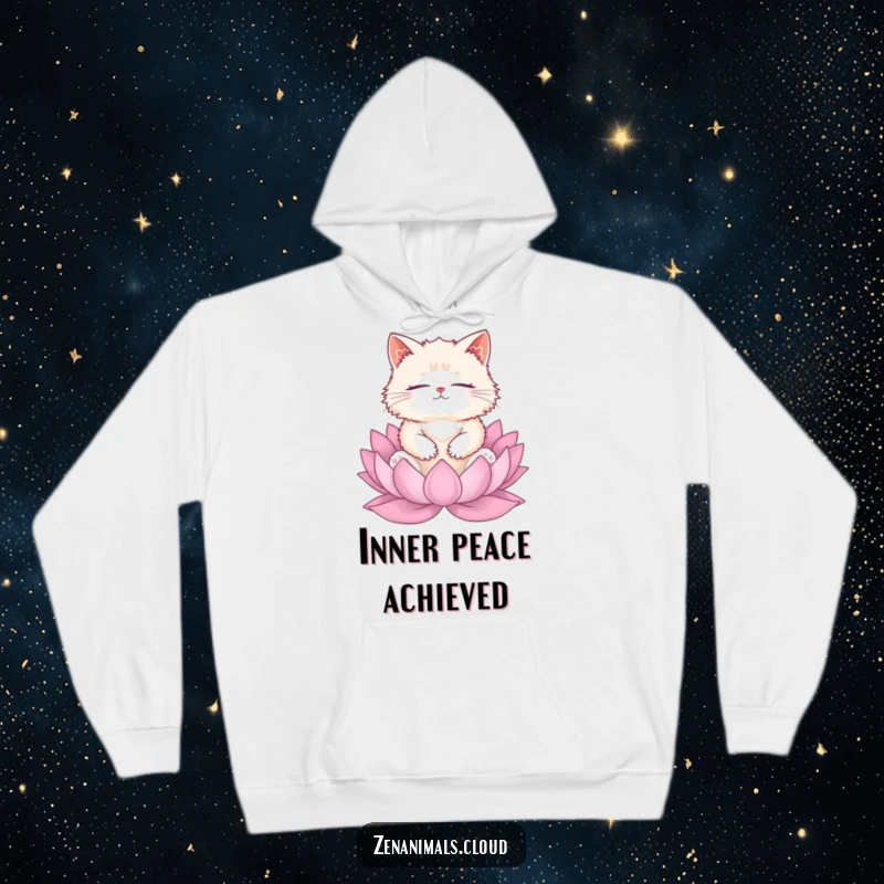 Funny cat meditation hoodie with a fluffy cat on a lotus, soft, warm, and humorous for relaxation.