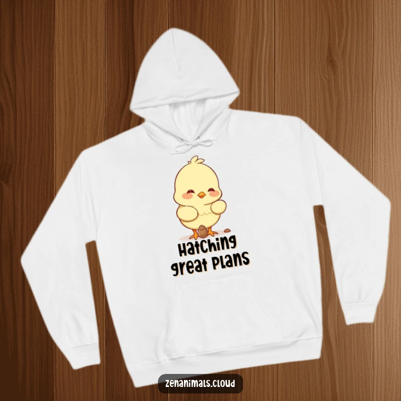 Funny chick character contentedly pecking a seed with a sweet smile, perfect for this warm, humorous hoodie.