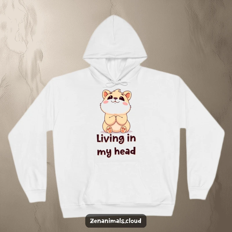Funny animal clasping paws and dreaming, a soft and humorous hooded sweatshirt.