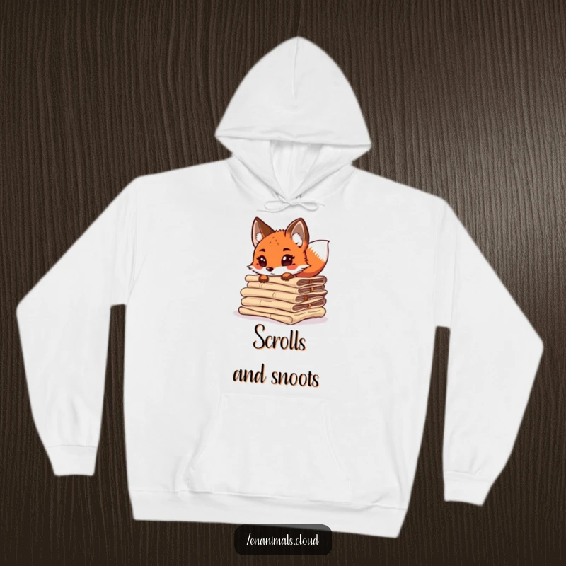 Funny curious fox peeking from behind ancient scrolls, tail wagging, soft and cozy hoodie design for book lovers.