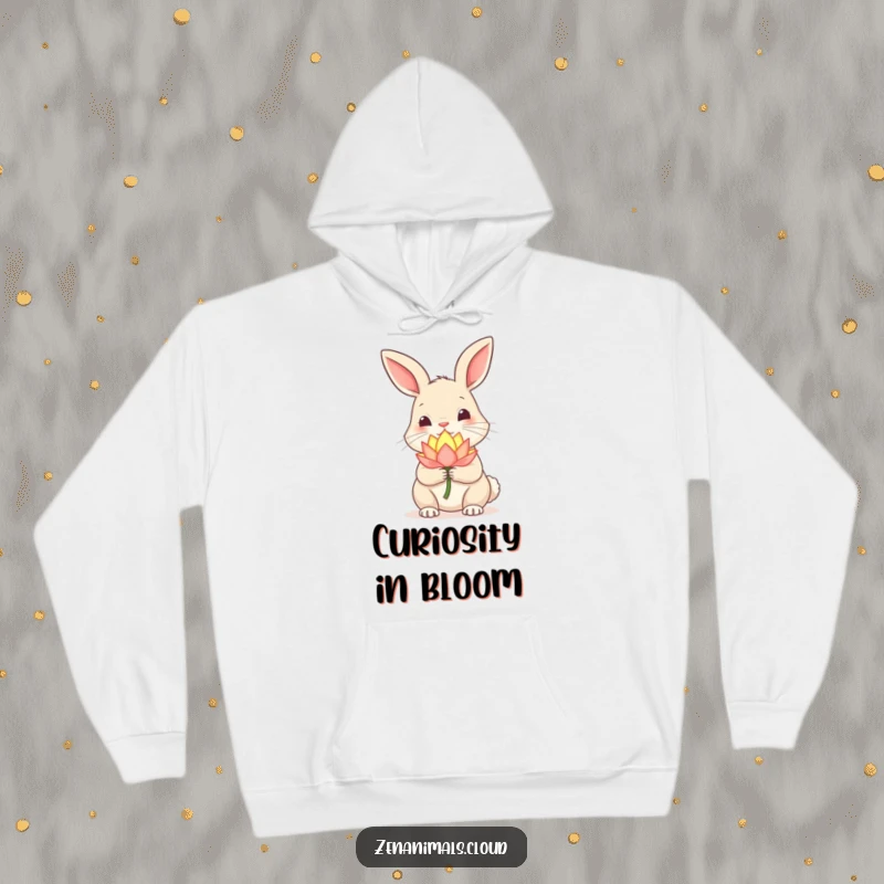 Funny Rabbit Hoodie: Curious rabbit holding a glowing lotus flower, nose twitching, a cozy and magical garment.
