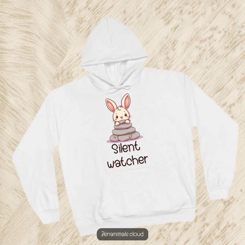 Funny Rabbit Hoodie: A curious bunny peeks from behind smooth river stones, offering warmth and a dose of lighthearted humor.