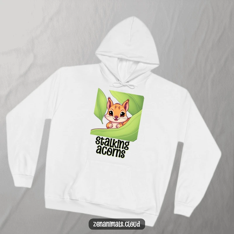 Funny curious squirrel hoodie with a cute squirrel peeking from behind a leaf, wide eyes full of mischief, perfect for screen readers.