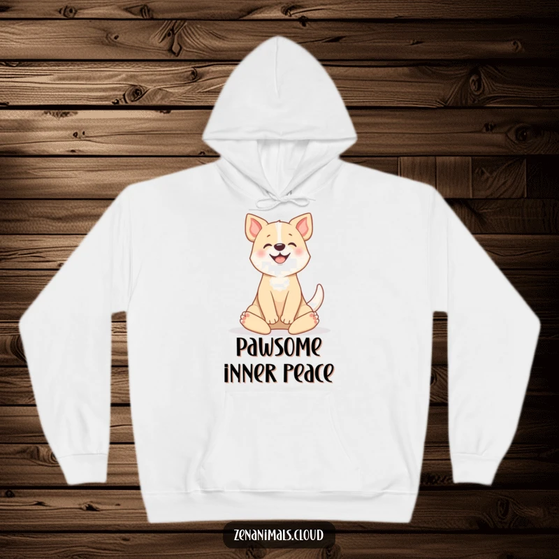 Funny hoodie featuring a happy dog in a lotus position, tail wagging, offering warmth and a dose of meditative amusement.