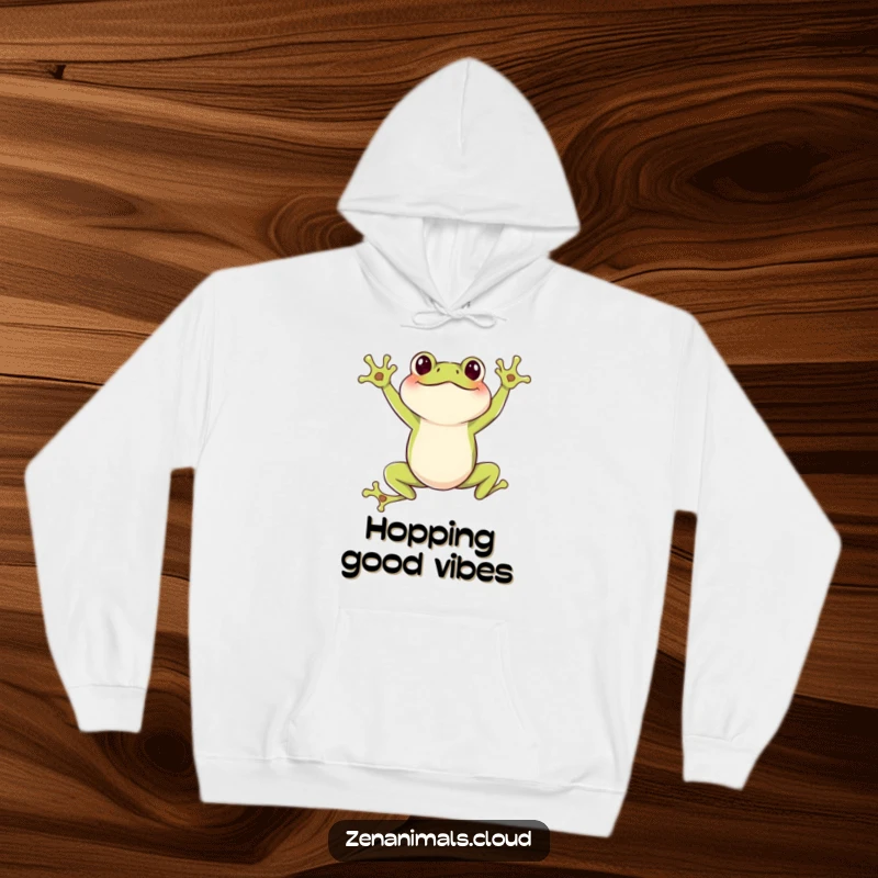 Funny Frog Hoodie: A soft hoodie featuring a joyful frog in a leaping pose, embodying a humorous and energetic mood.