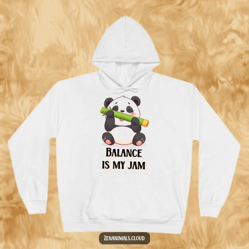 Funny panda bear hoodie featuring a plump bear giggling while precariously balancing a large bamboo shoot on its nose.