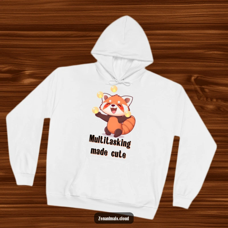 Funny red panda hoodie featuring a red panda enthusiastically juggling three glowing orbs with a wide, beaming smile.