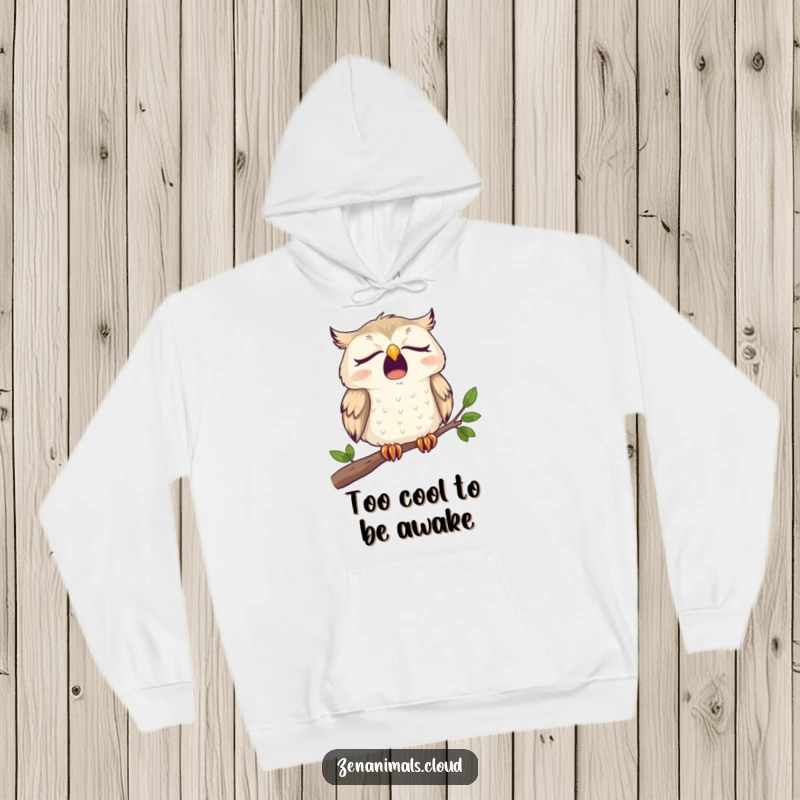 Funny Hoodie featuring a sleepy owl yawning widely on a branch, offering cozy humor and warmth for relaxation.
