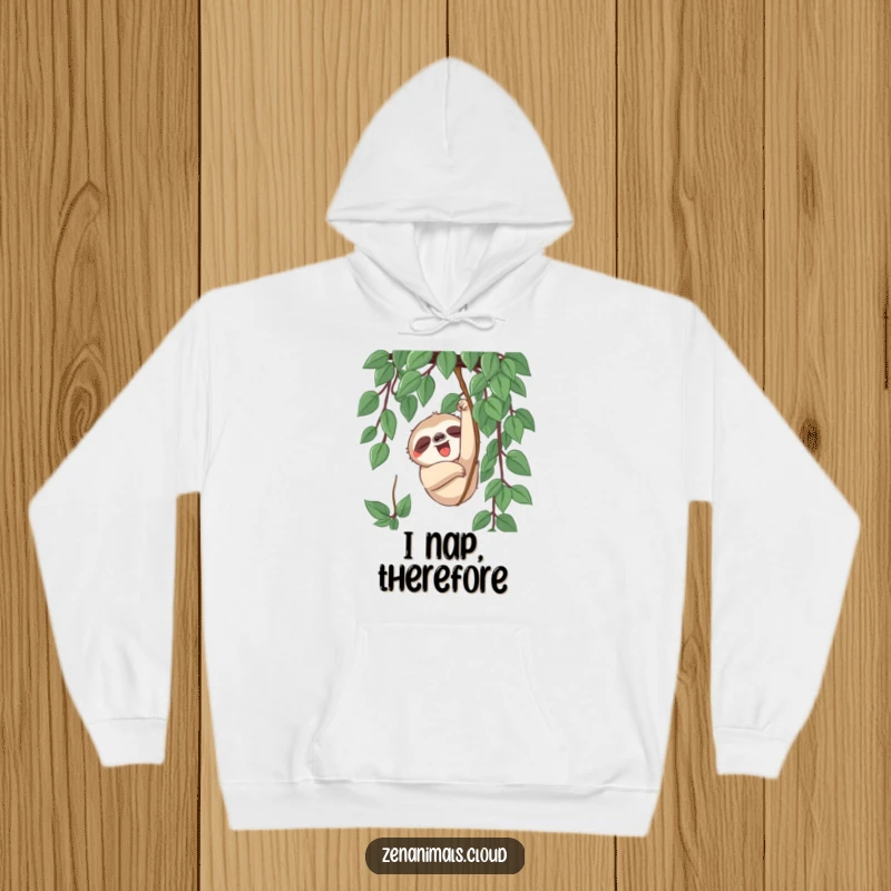 Funny sloth character slowly stretching for a vine with a yawn, perfect for this warm and humorous hoodie.