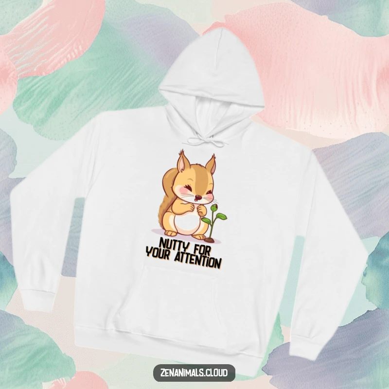 Funny Squirrel Hoodie: A soft hoodie featuring a curious squirrel examining a tiny sprout, embodying a humorous and inquisitive spirit.