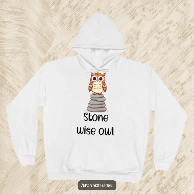 Funny wise owl hoodie featuring an owl on a stack of stones, designed for cozy contemplation and humorous insight.