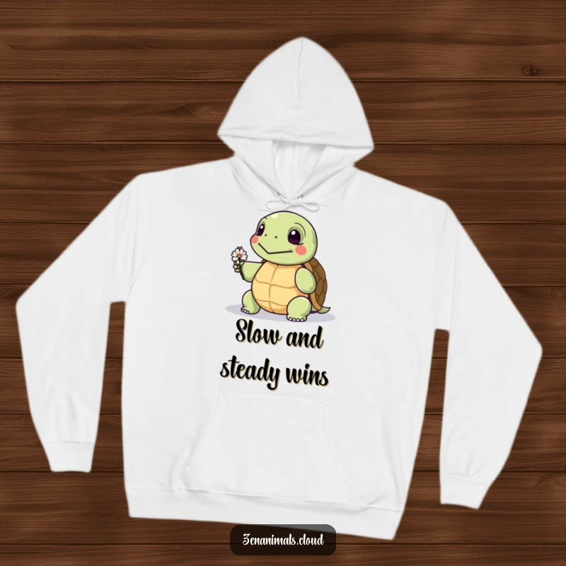 Funny hoodie featuring a wise turtle offering a tiny flower, designed for comfort and spreading gentle, humorous joy.