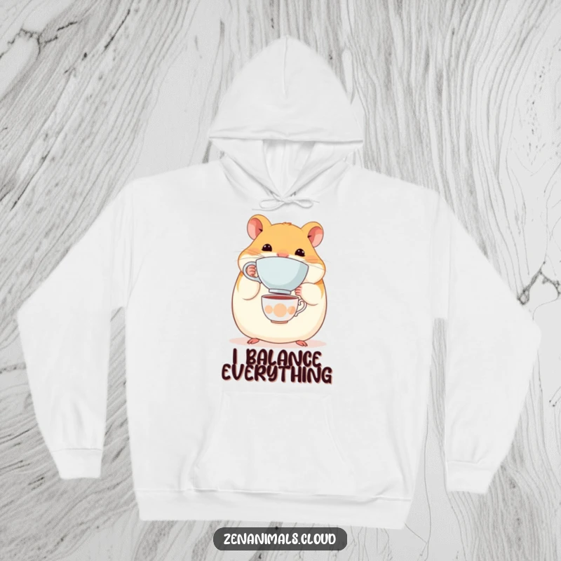 Funny Hamster Hoodie: A round, content hamster balancing a tiny teacup on its nose, perfect for cozy, humorous wear.