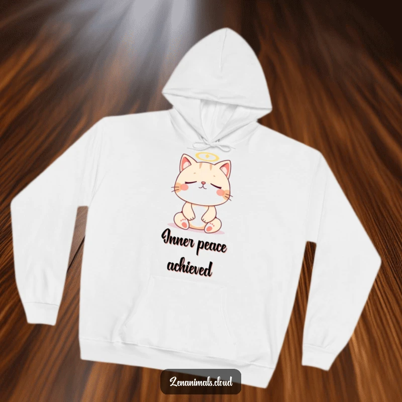Funny cat meditation hoodie, comfortable hoodie with a meditating cat and halo, soft, warm, and humorous.