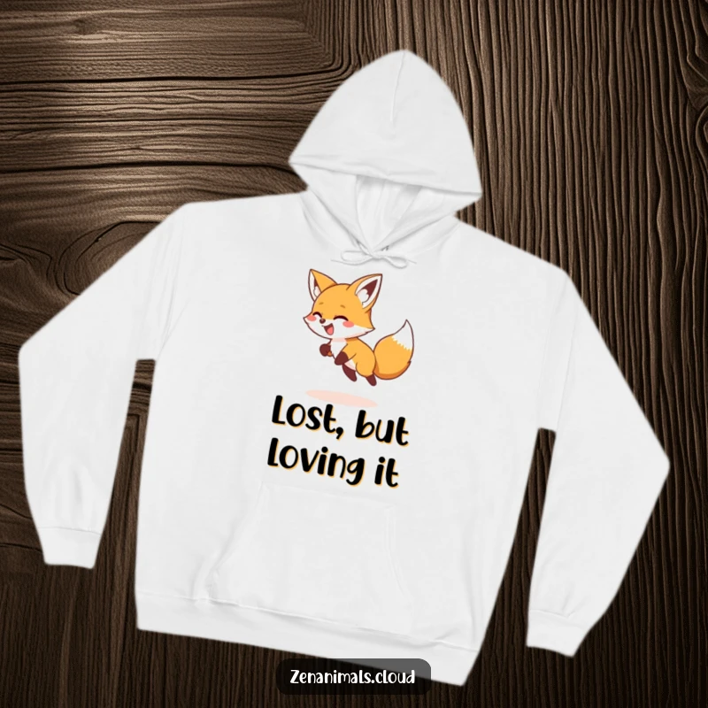 Funny Hoodie featuring a giggling fox spinning in circles chasing its tail, offering cozy humor and playful warmth.