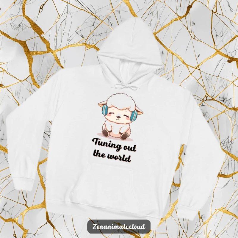 Funny sheep meditation hoodie featuring a fluffy sheep wearing headphones, meditating peacefully, creating cozy humor.