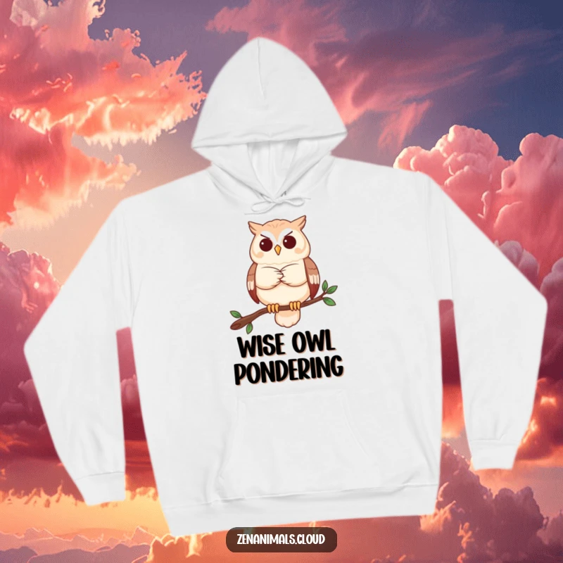 Funny owl hoodie with a serene owl contemplating, warm, comfortable, and humorous for thinkers.