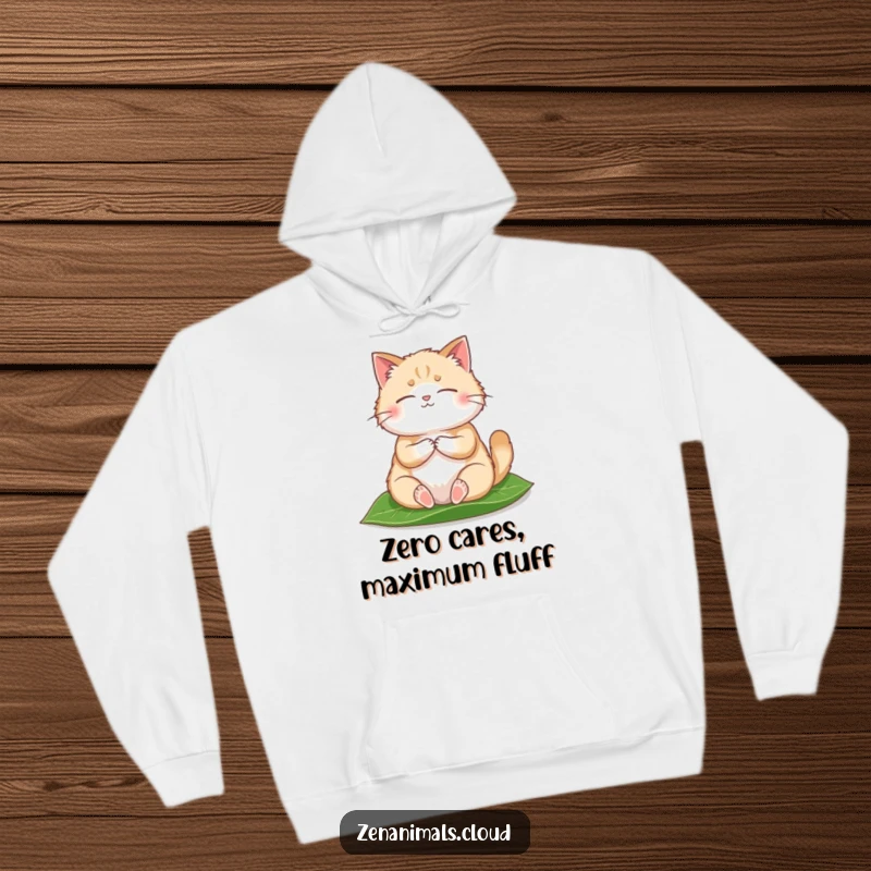 Funny Hoodie depicting a round, fluffy cat in a peaceful meditation pose on a leaf, offering warmth and humor.