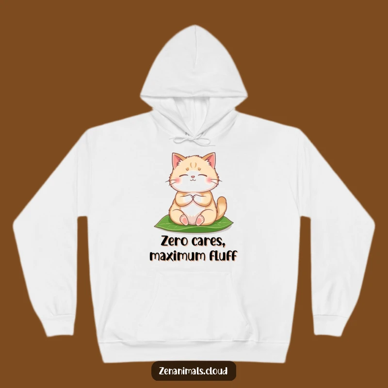 Funny Zen Cat Hoodie: Cozy Fluffy Meditator on Leaf, Warm Humorous Gift for Cat Fans