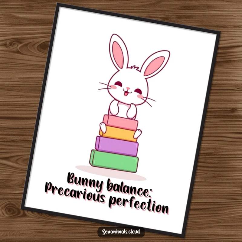 Funny Free Printable Wall Art: A cheerful bunny hilariously attempting to balance a tall stack of colorful yoga blocks.
