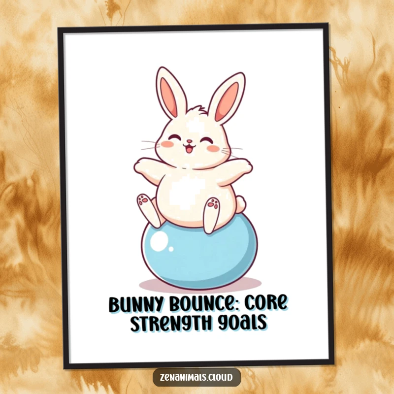 Funny Free Printable Wall Art: A plump bunny energetically bouncing on a yoga ball, radiating pure joy and fun.