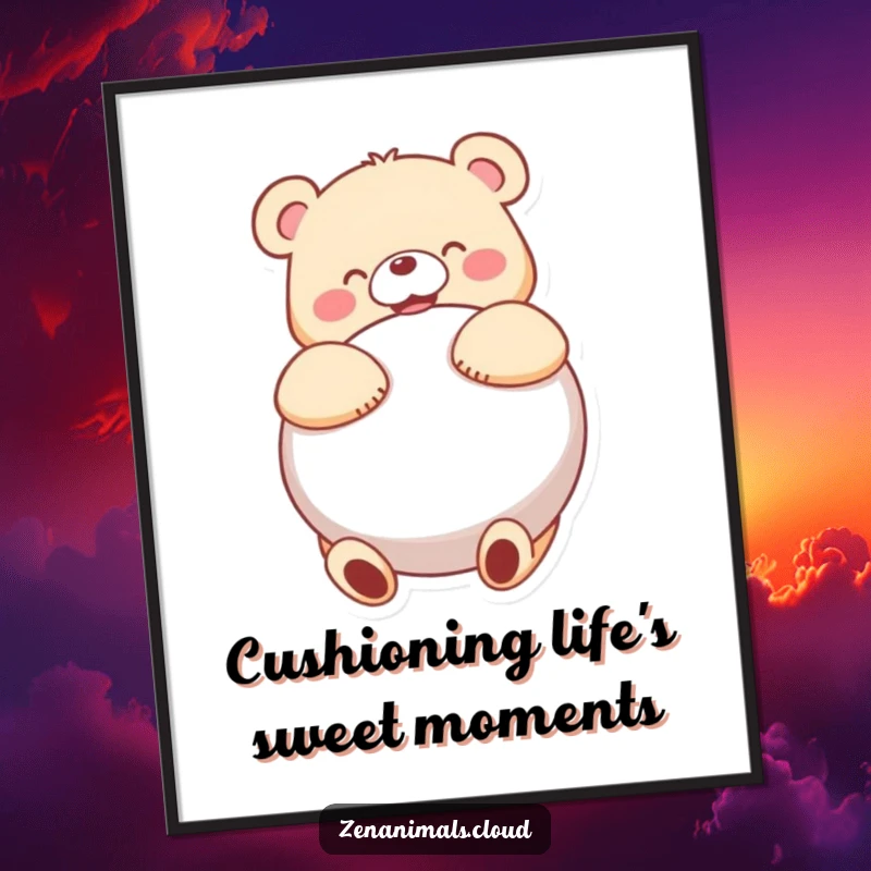 Funny Free Printable Wall Art: Joyful bear tightly hugging a large, plush cushion with pure delight and happiness.