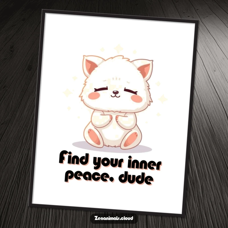 Funny Free Printable Wall Art: a tiny fluffy animal meditating with closed eyes, bathed in soft, glowing light, promoting peace.