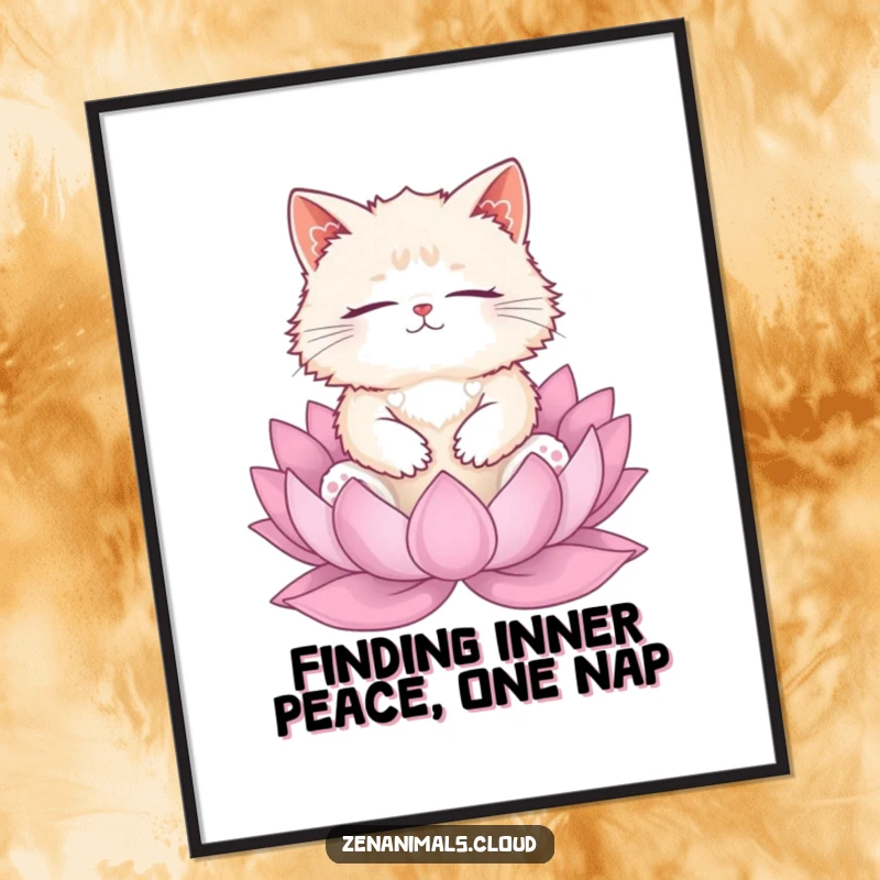 Funny Free Printable Wall Art: A fluffy cat completely at peace, meditating on a lotus flower, radiating zen.